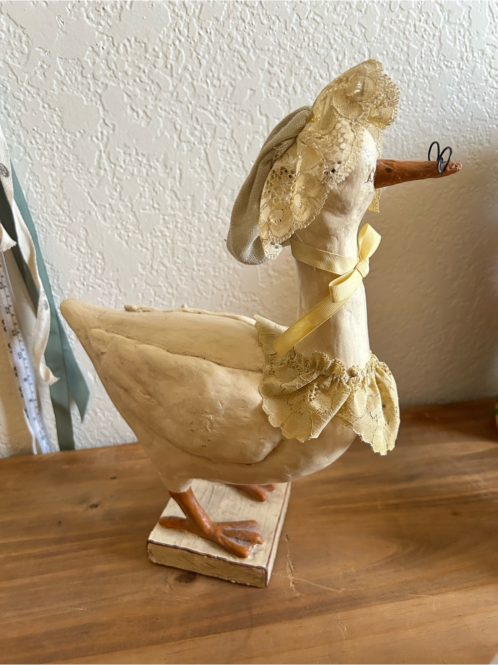 Vintage Handcrafted Cream Decorative mother goose Statue  paper mache